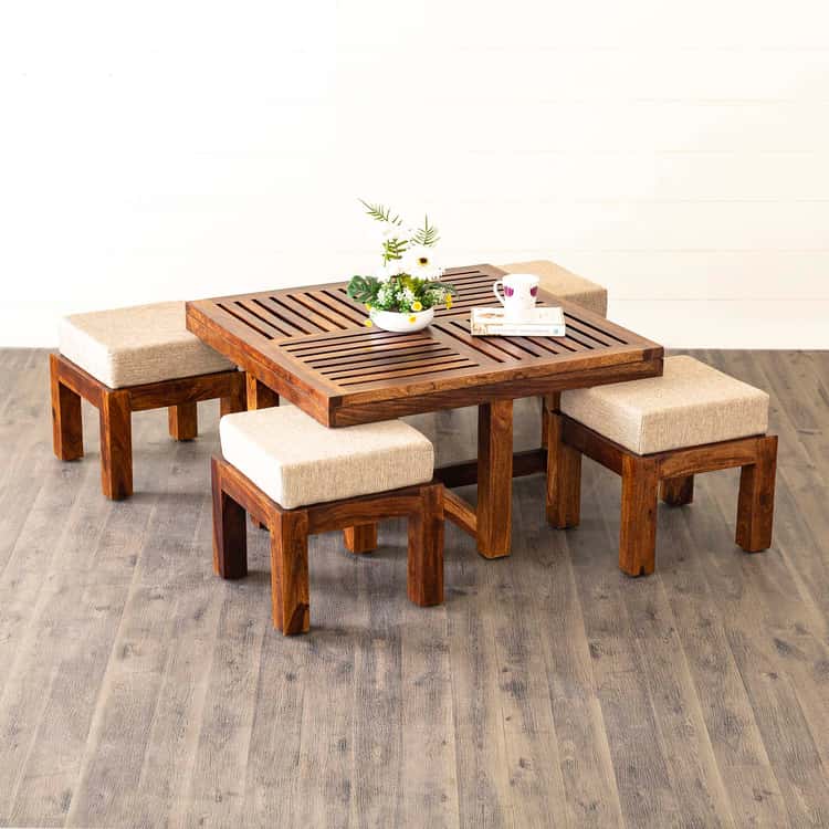Sheesham Wood Coffee Table with Stools - Brown