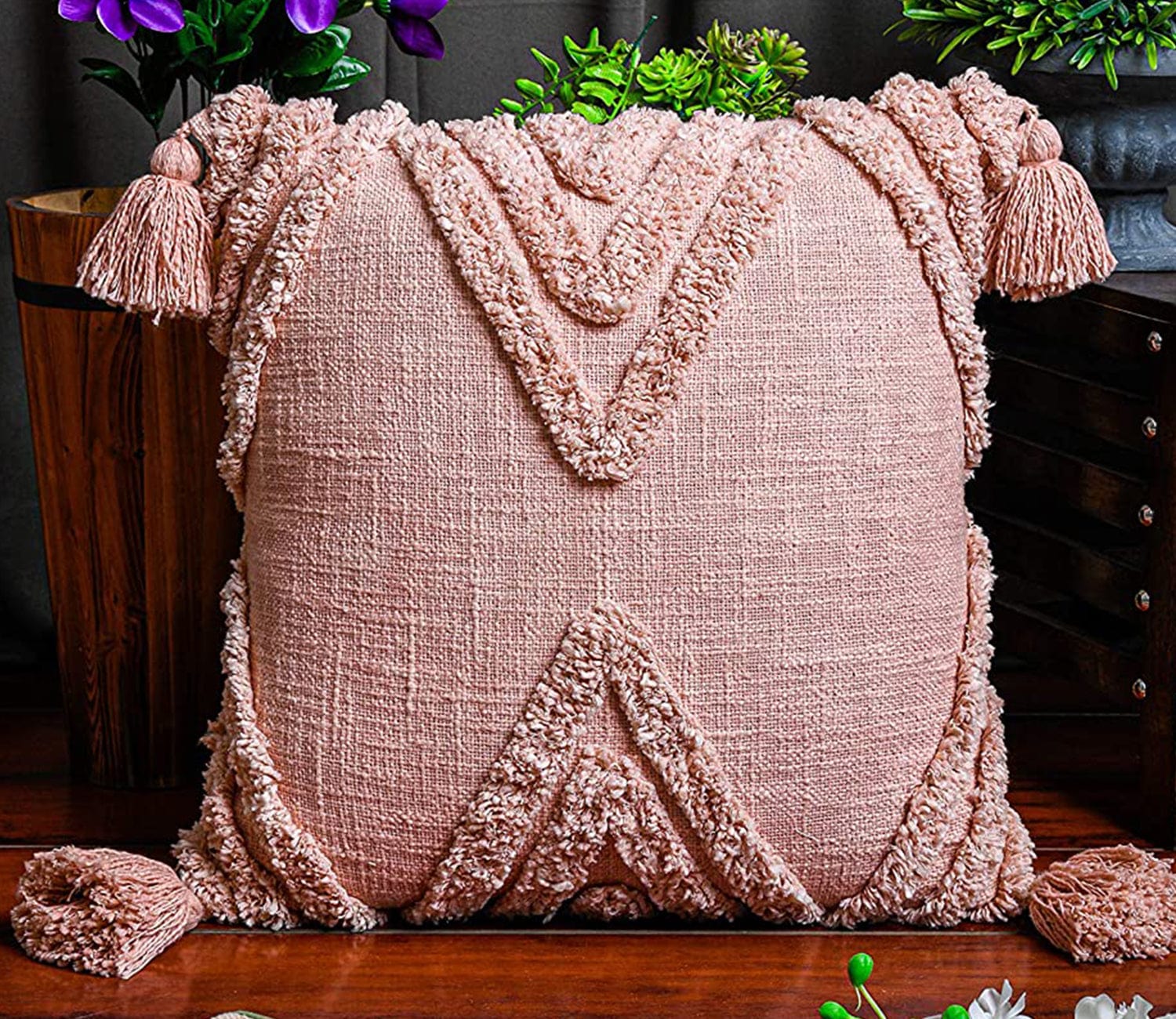 Pink 16 x 16 inch Boho Tribal Shaggy Pattern Cushion Cover with Tassel