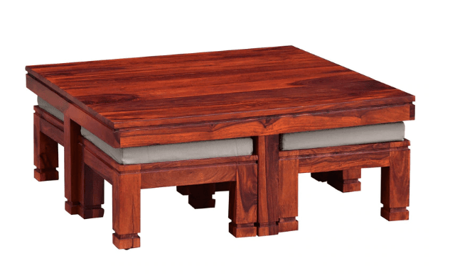 Sheesham Wood coffee table with 4 stools for Living Room and Office - Ouch Cart 