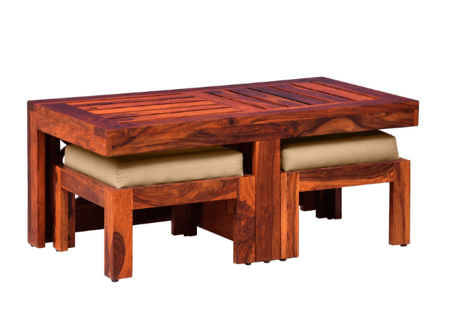 Sheesham Wood Coffee table with 2 stools - Ouch Cart 