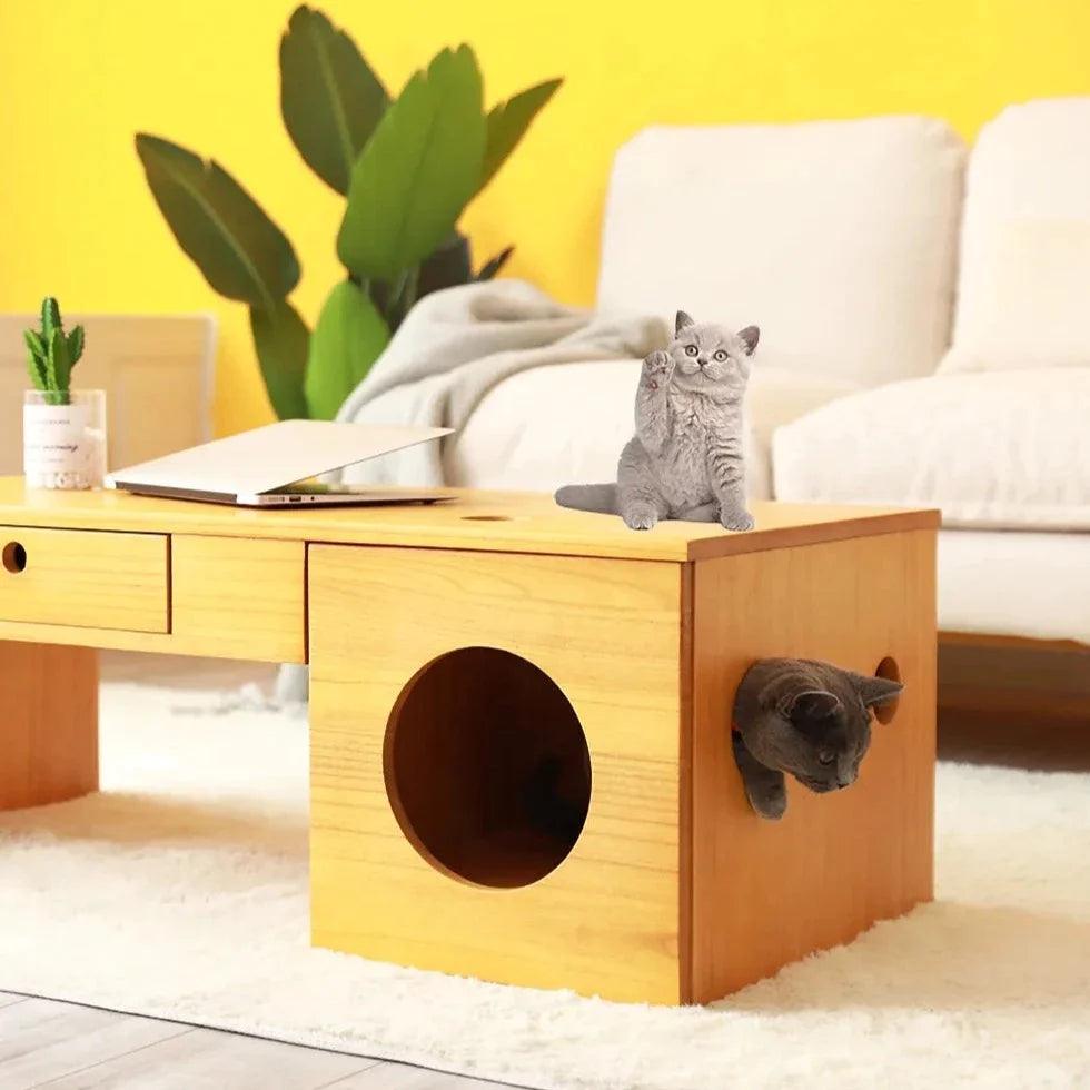 Rectangular Coffee Table With Drawer & Cat Condos House By Miza - Ouch Cart 