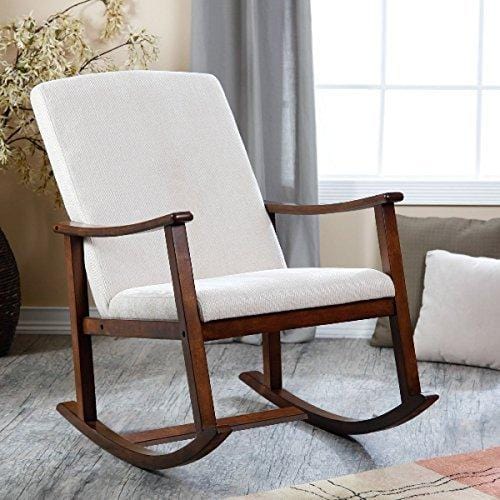 Master Mind Wooden Rocking Chair with Cushions (White) Teak Wood Rocking Chair for Living Room Home Garden Lounge Office
