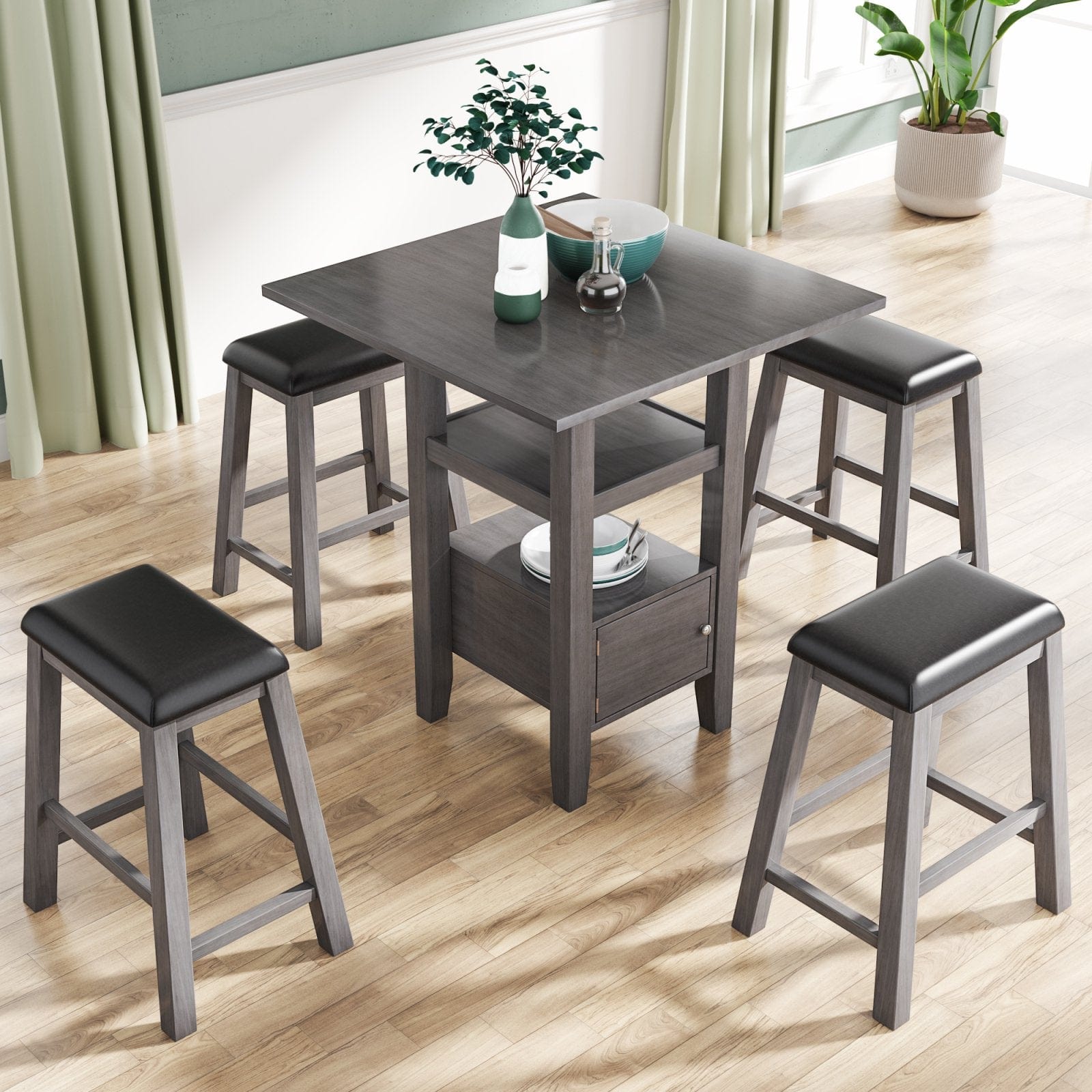 5 Pieces Counter Height Wood Kitchen Dining Table Set with 4 Upholstered Stools with Storage Cupboard and Shelf for Small Places, Gray