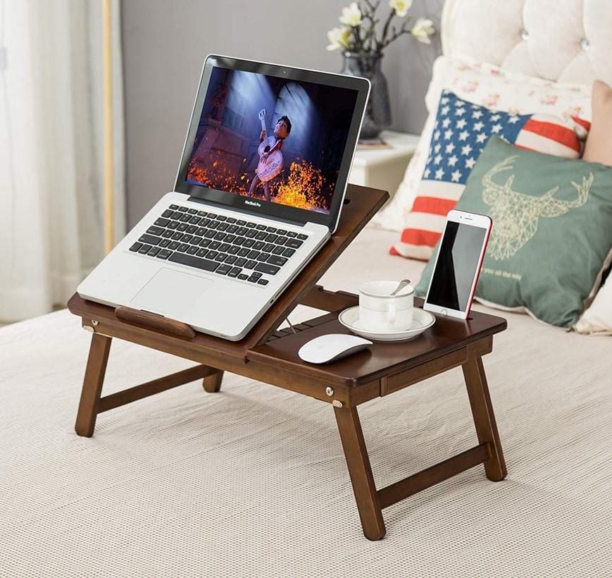 Laptop Table Online - Foldable Laptop Desk Tray, Wooden Breakfast Serving Tray/Study Table with Drawer | laptop table for bed