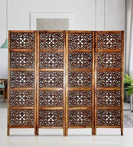 Wooden Partition - Solid Wood 4 Panel Room Wooden Partition (Brown) for Living Room