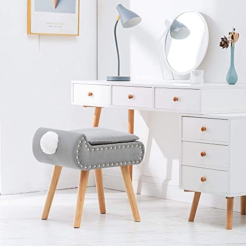 Modern Storage Faux Fur Square Vanity Stool, Makeup Dressing Stool Chair with Wood Legs, Velvet Cushioned Seat Foot Stool, Padded Bench, Storage Ottoman Footrest Stool with Cute Tail for Bedroom Grey