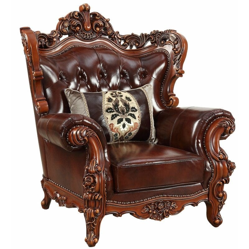 Royal Carved Wide Tufted Arm Chair Sofa (Teak Wood, Dark Brown)