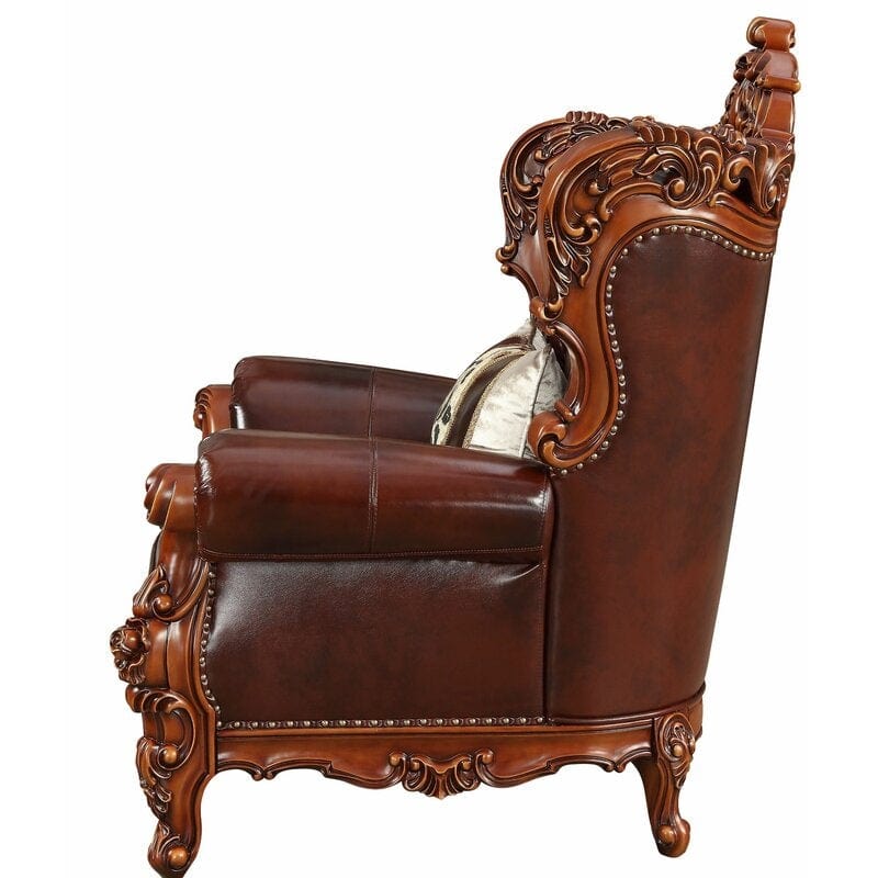 Royal Carved Wide Tufted Arm Chair Sofa (Teak Wood, Dark Brown)