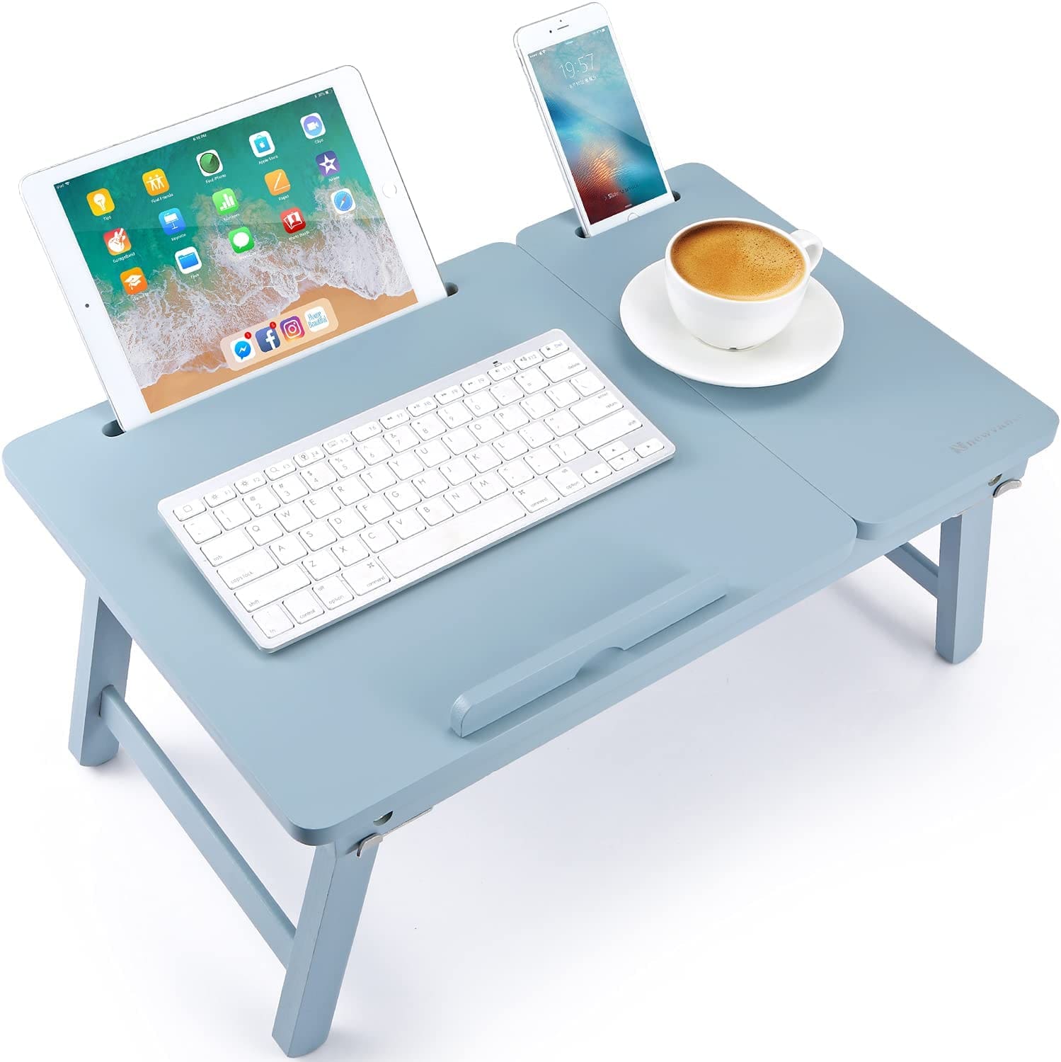 Foldable Laptop Desk Tray, Wooden Breakfast Serving Tray/Study Table with Drawer