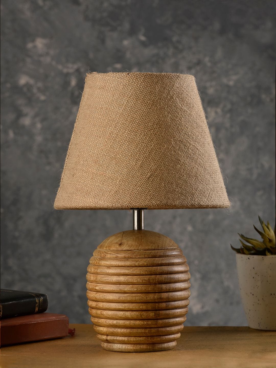 Striped Wooden Brown Lamp with Brown Jute Shade