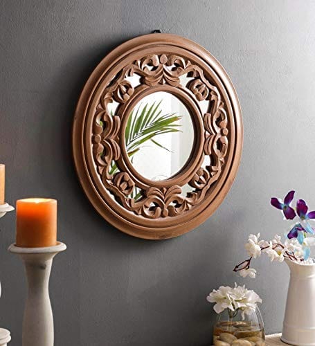 Wood Handcrafted Wall Mirror for Bedroom Home Decor Living Room Bathroom, 45 X X1.9 cm (Brown) (TUS-MR-37)