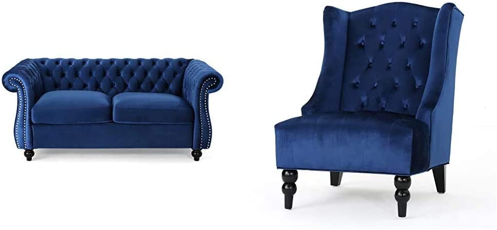 Karen Traditional Chesterfield Loveseat Sofa, Navy Blue and Dark Brown, 61.75 x 33.75 x 27.75 & Toddman High-Back Velvet Club Chair, Navy Blue