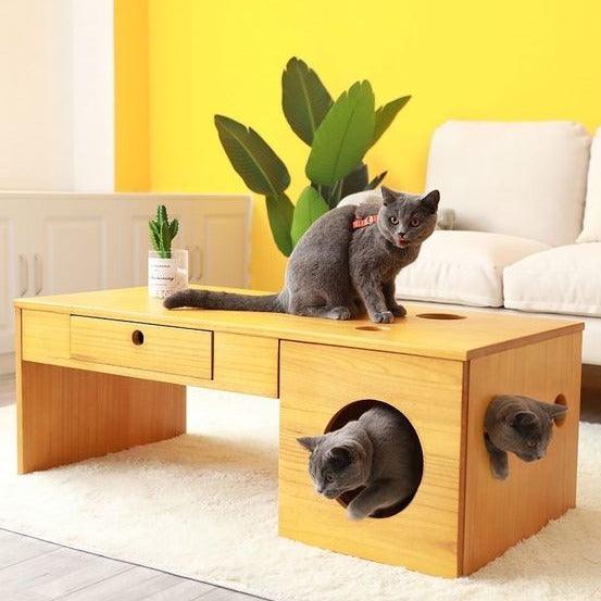 Rectangular Coffee Table With Drawer & Cat Condos House By Miza - Ouch Cart 