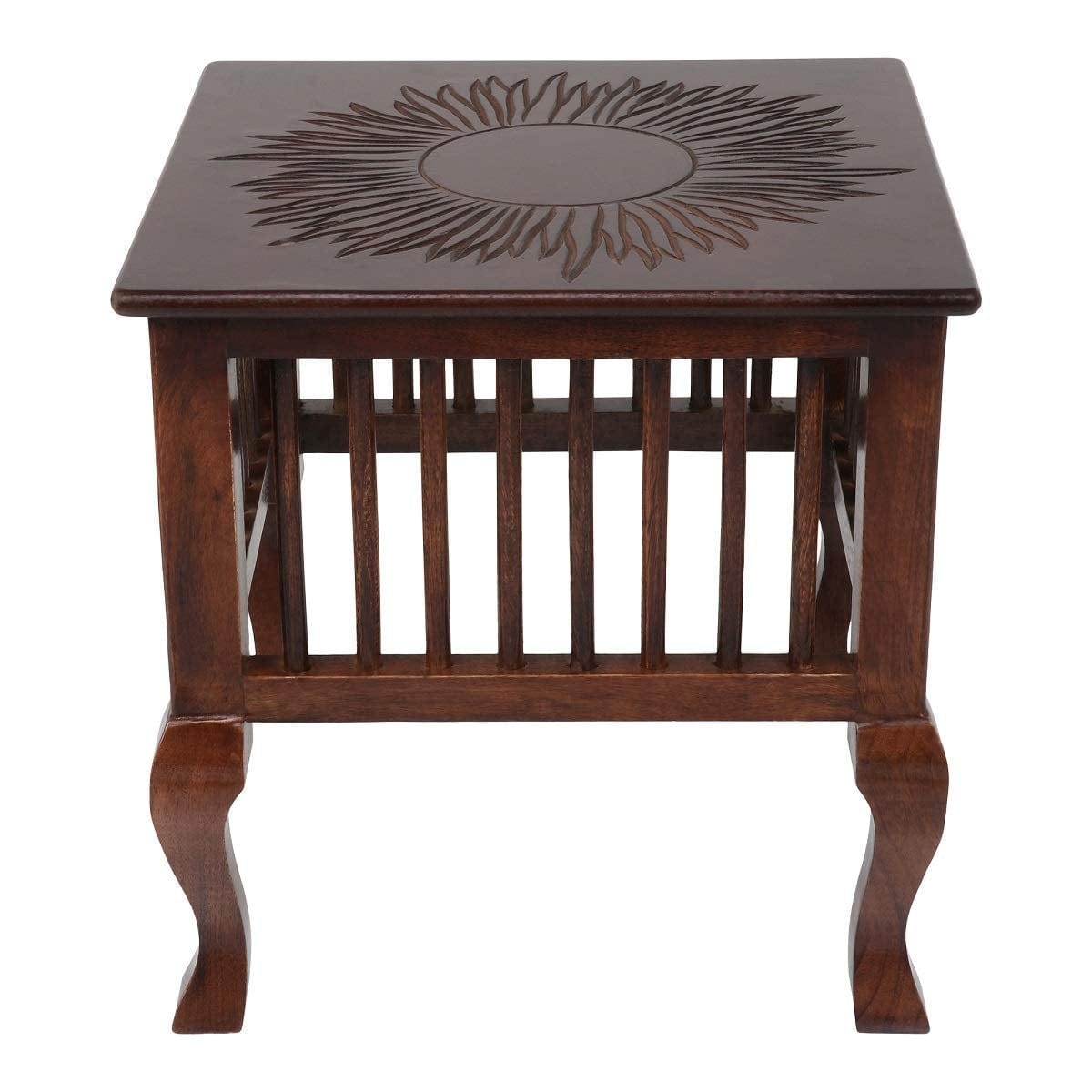 Mango Wood Walnut Finish Handmade Carving Classic Side Table for Living Room