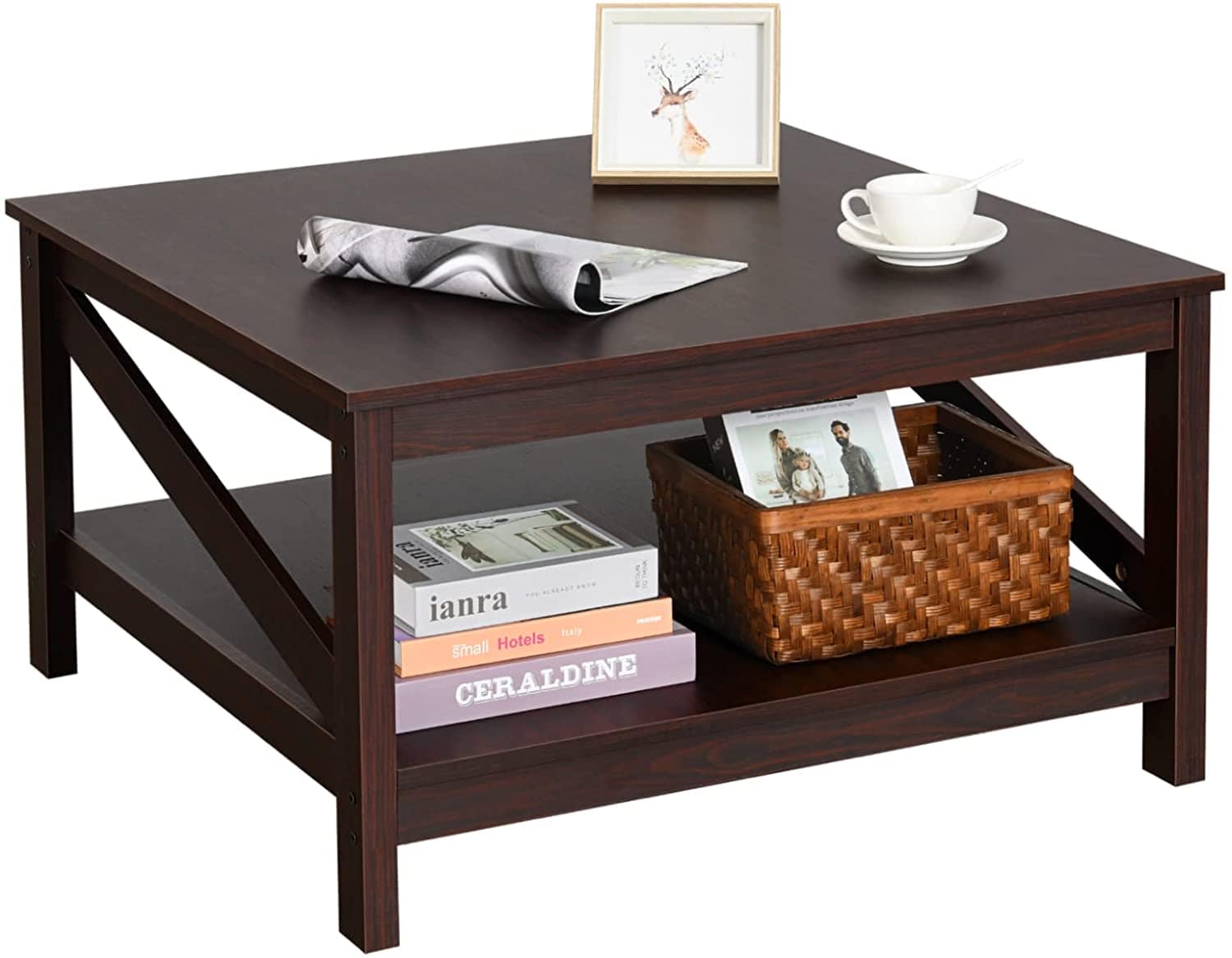 Square Two-Tier Coffee Tables with Storage,Coffee Table for Living Room, Center Table Coffee Table for Home ,Wood Living Room Table