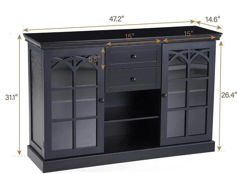 Sideboard Buffet Storage Cabinet with 2 Glass Doors & 2 Drawers Coffee