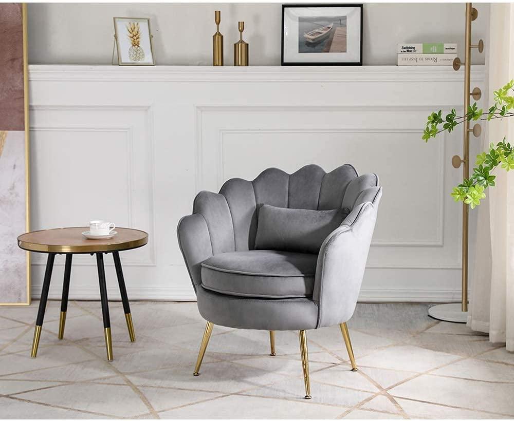 Azure Blue Velvet Chair with Lumbar Pillow for Bedroom, Accent Chair Mid Century Modern Vanity Chair for Living Room, Fabric Upholstered Arm Chair