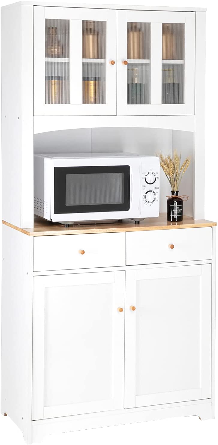 Buffet Cabinet with Hutch Kitchen Pantry Storage Cabinet White Sideboard for Kitchen Storage Microwave Cabinet with Storage, 4 Doors, 2 Adjustable Shelves & 1 Drawers