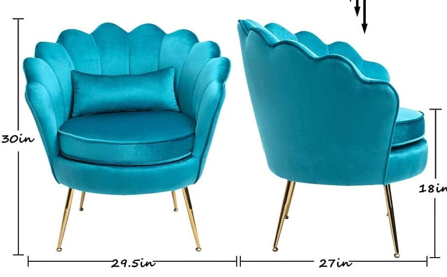 Azure Blue Velvet Chair with Lumbar Pillow for Bedroom, Accent Chair Mid Century Modern Vanity Chair for Living Room, Fabric Upholstered Arm Chair Guest Chair with Golden Metal Legs