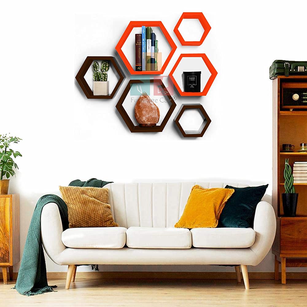 Wall Shelves - Wooden Shelf Home Decor Items Rack for Living Room, Bedroom, Kitchen Corner, Office (Set of 6) Size- Standard | Colour- Orange & Brown)