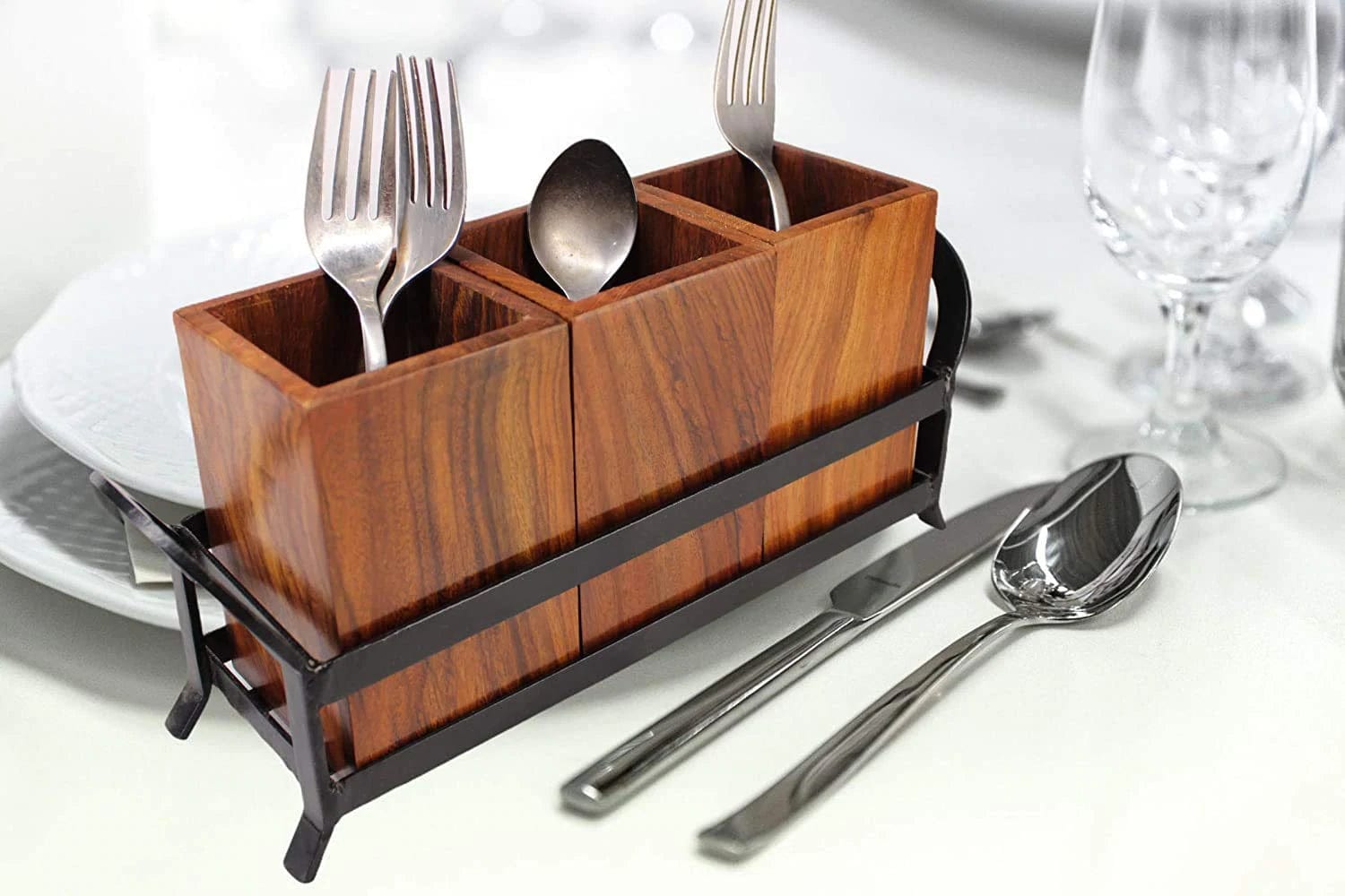 WOODEN & IRON CUTLERY HOLDER/TABLE ORGANIZER/MULTIPURPOSE STAND