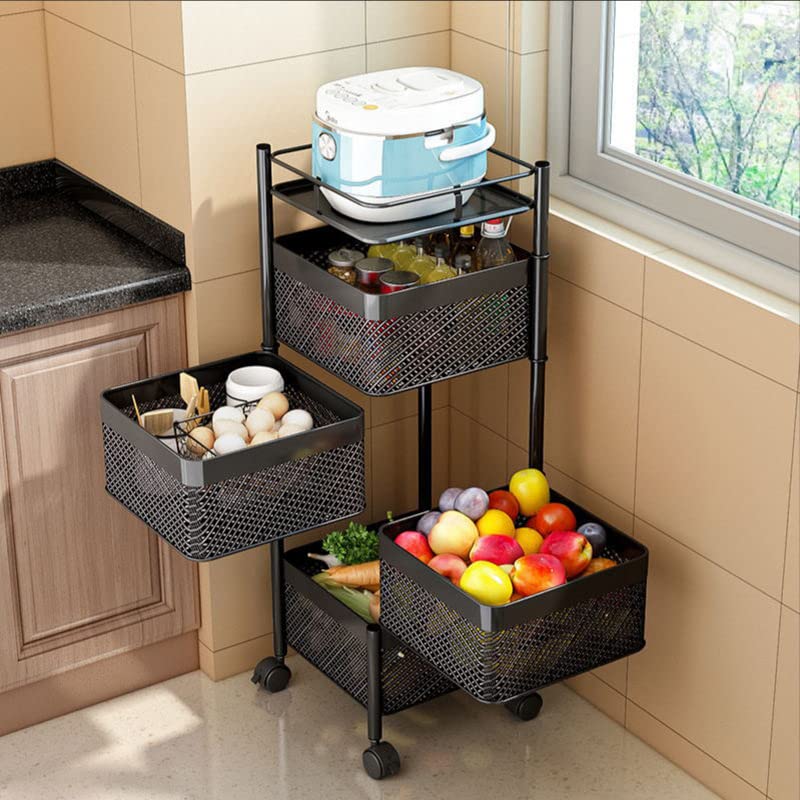 Kitchen Trolley Kitchen Organizer Items And kitchen accessories items for Kitchen Storage Rack Square Design Fruits & Vegetable Onion Cutlery ,Jars Container Kitchen Trolley with Wheels Black