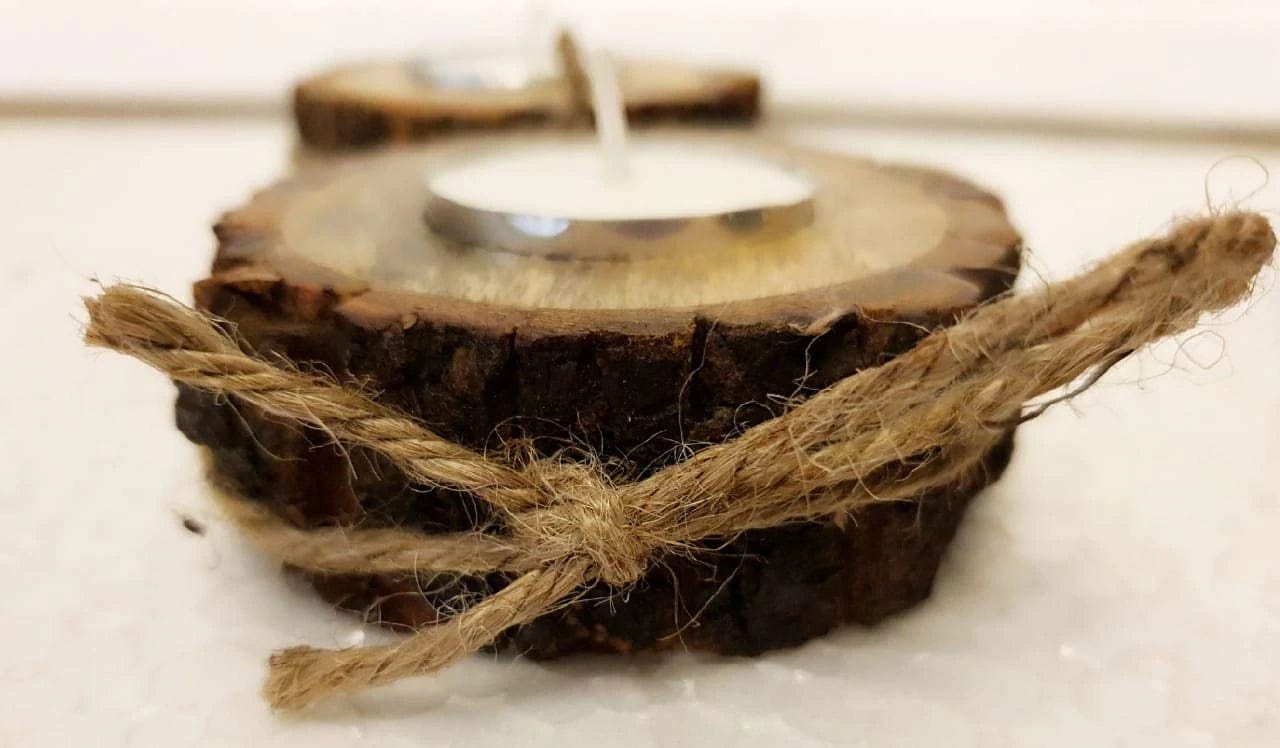 BARK STYLE CANDLE HOLDER WITH CANDLES II WOODEN CANDLE HOLDER ( SRT OF 6 )