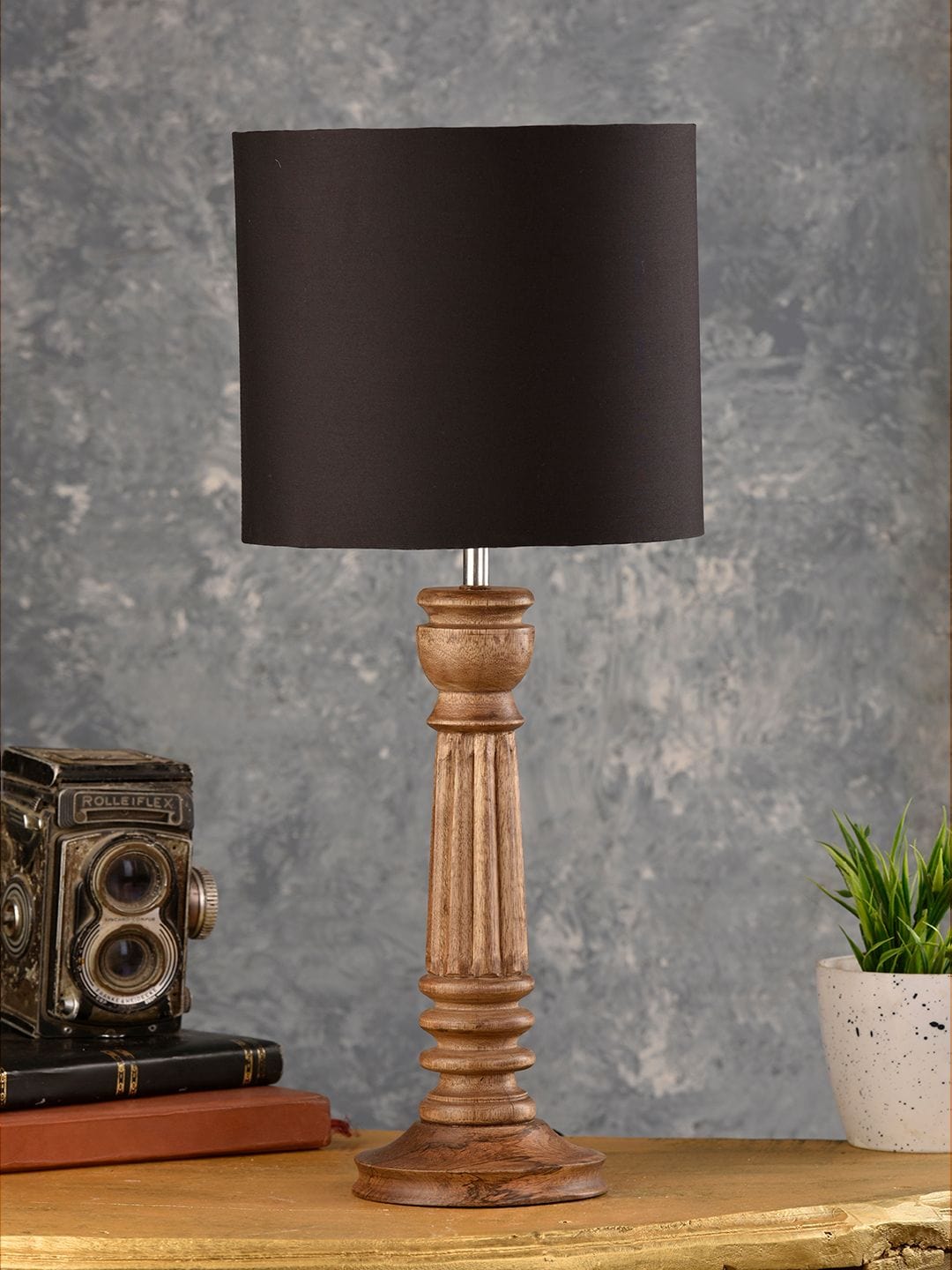 Pillar Brown Lamp with Black Cotton Shade
