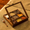 Sheesham Wooden Table Top Masala Dabba Containers Jars Cum Kitchen Spice Box with Spoon (Brown)