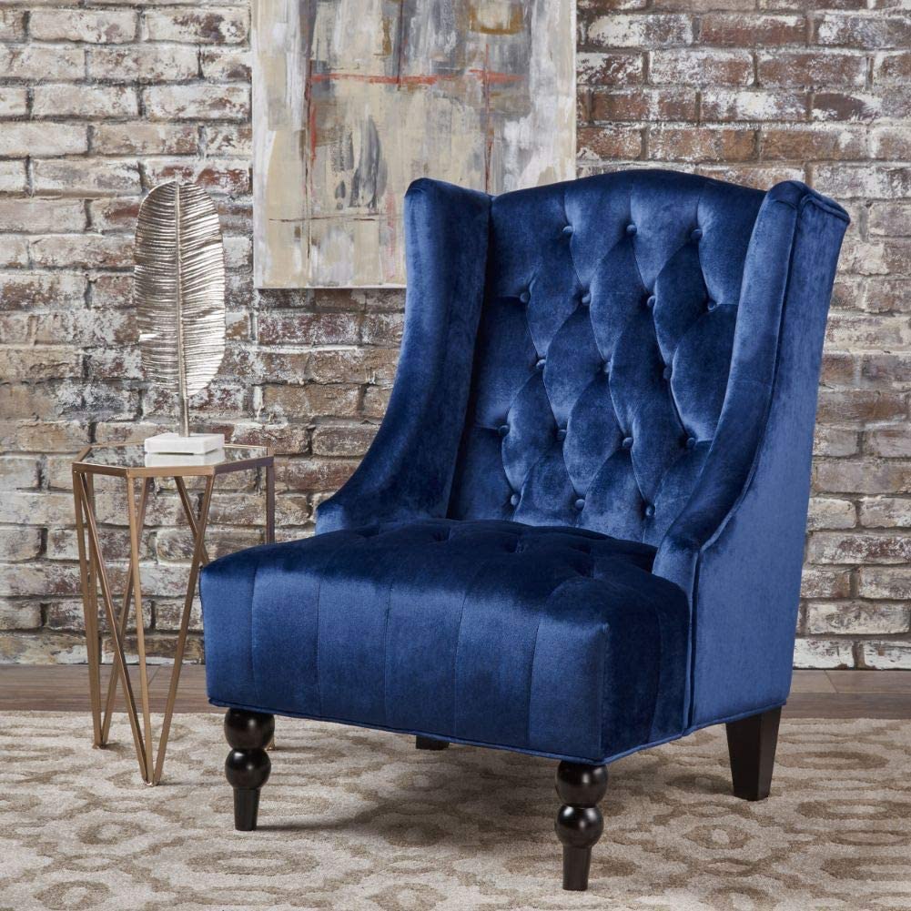 Karen Traditional Chesterfield Loveseat Sofa, Navy Blue and Dark Brown, 61.75 x 33.75 x 27.75 & Toddman High-Back Velvet Club Chair, Navy Blue
