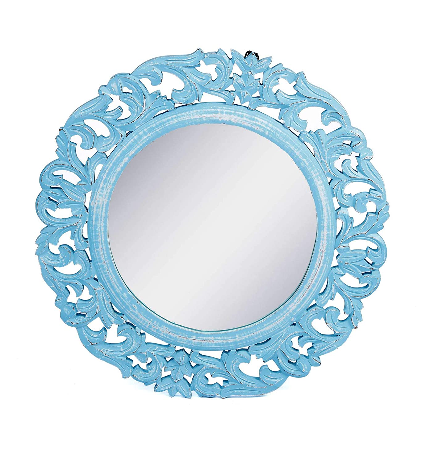 Wood Hand Crafted Round Shape Vanity Wall Mirror Glass for Living Room, 20"X 20" Blue, Framed