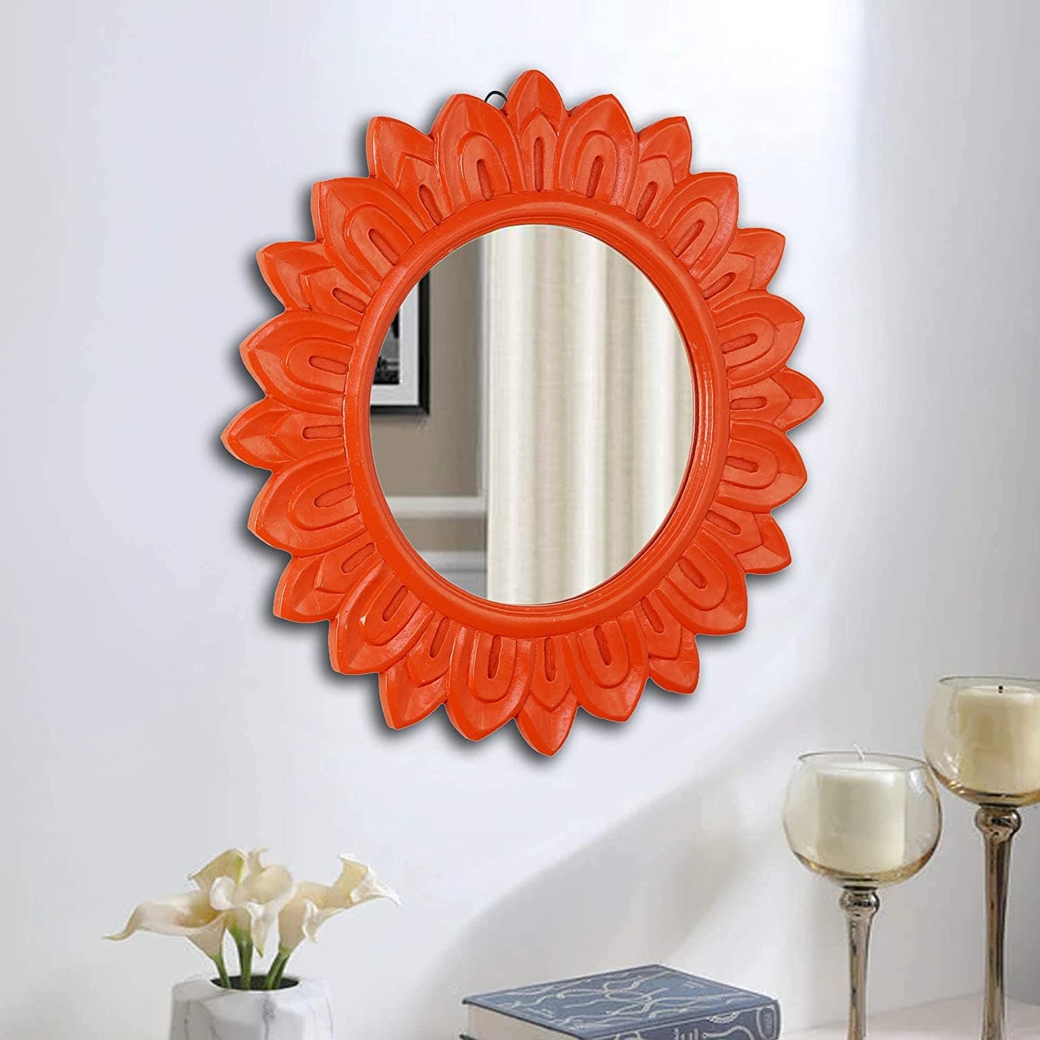 Handcrafted Wood Wall Mirror (50.8 cm x 50.8 cm x 2.5 cm, Orange)