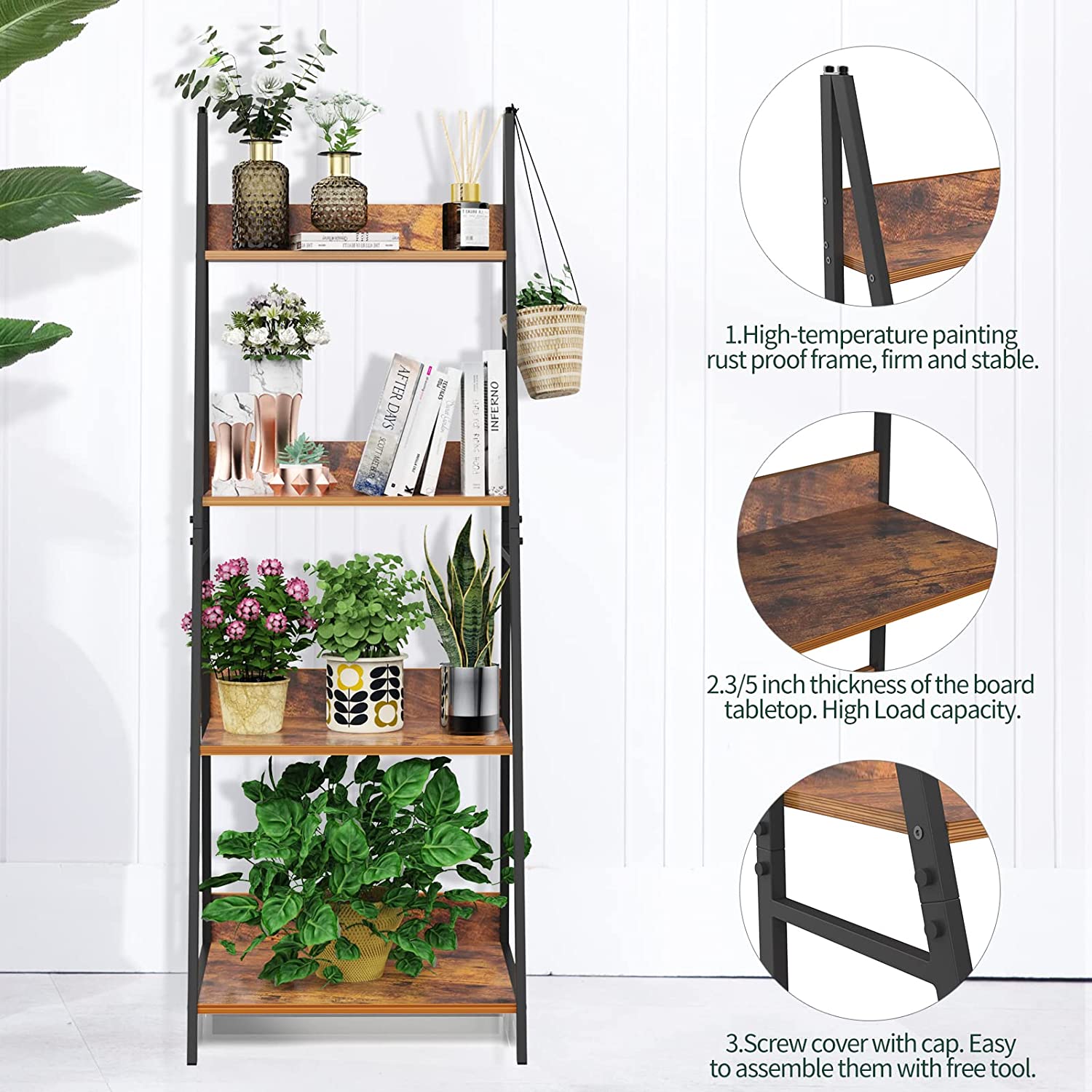 4-Tier Ladder Shelf, Wood Plant Flower Stand Storage Rack Shelf Steel Frame for Office and Home(Brown)