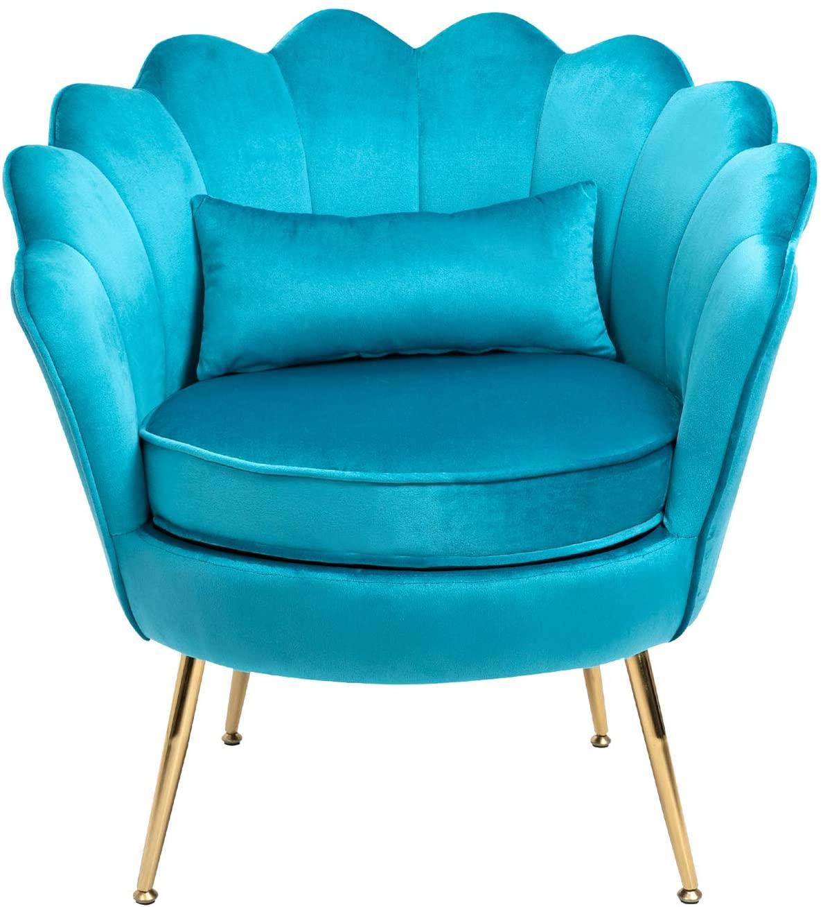 Azure Blue Velvet Chair with Lumbar Pillow for Bedroom, Accent Chair M