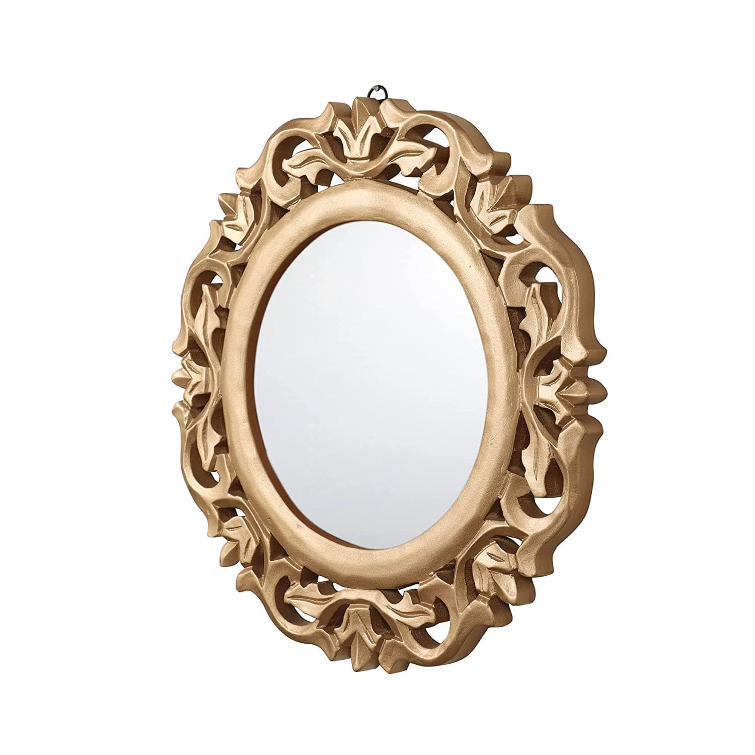 Decorative & Hand Crafted Wooden Mirror in Rich Gold Finish ( 14”x14 x1), Round, Wall mounting, Framed
