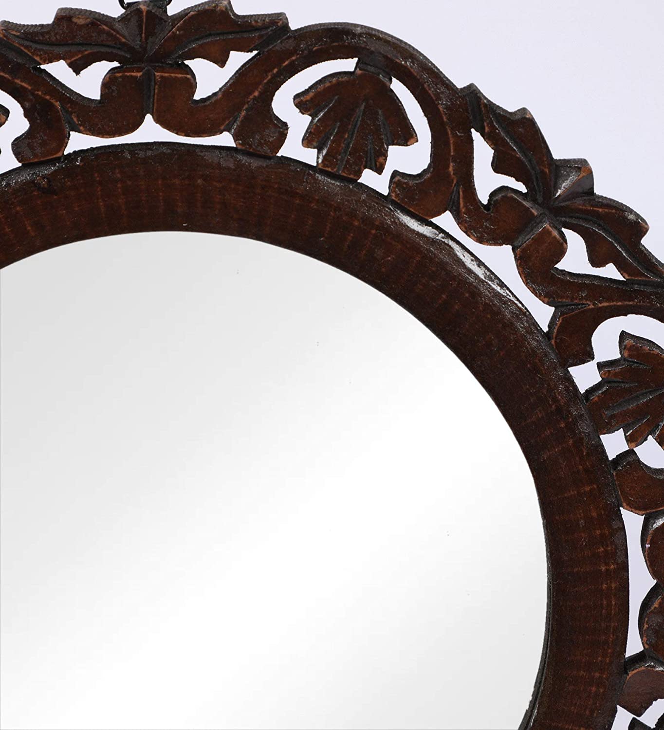 Hand Crafted Wooden Round Shape Vanity Wall Mount Mirror- Brown, 16 X 16 Inches, Framed