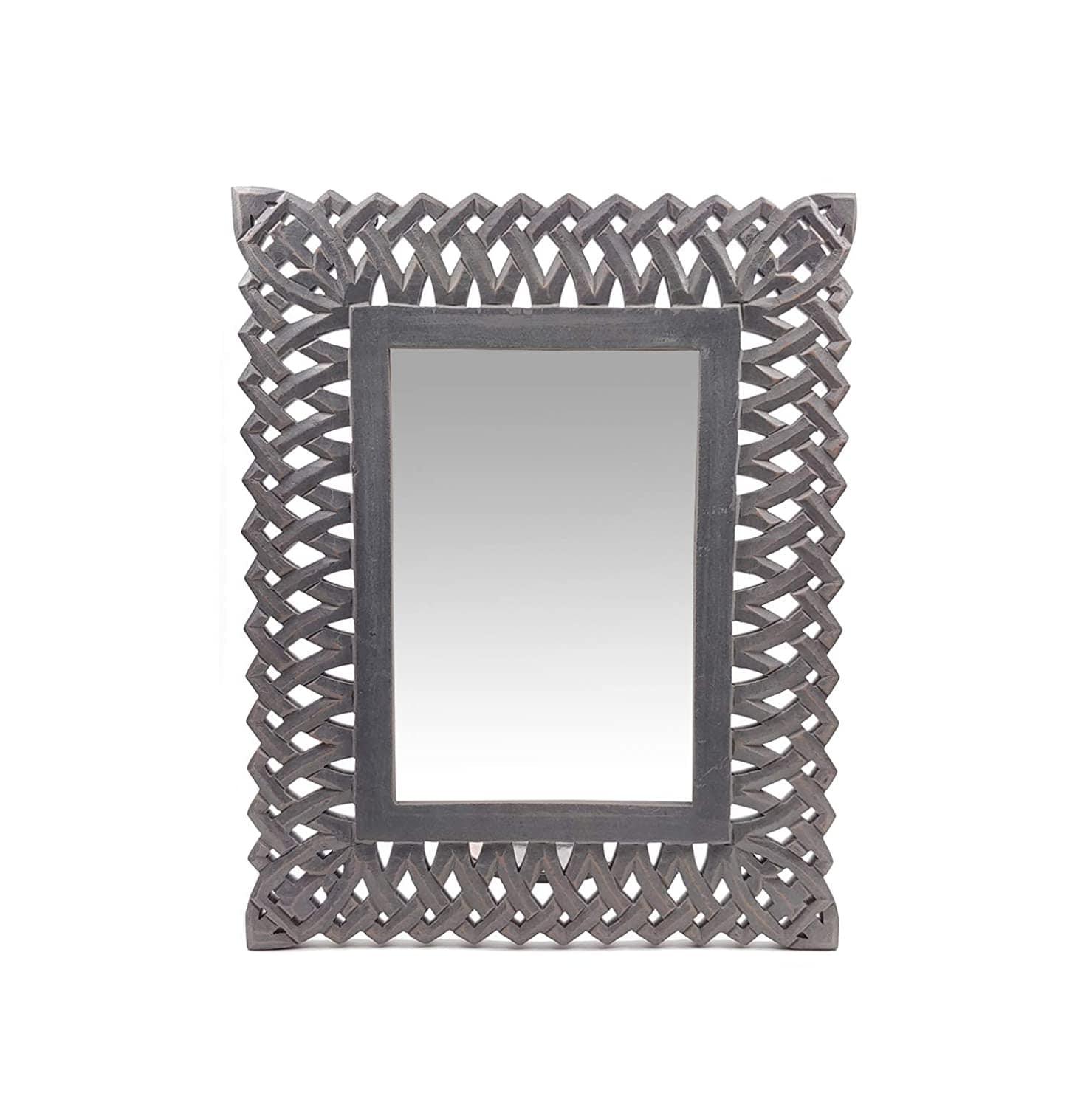 Decorative Hand Crafted Engineered Wooden Wall Mount Mirror Frame in Distressed Grey Finish - 20x16 Inch - Ouch Cart 