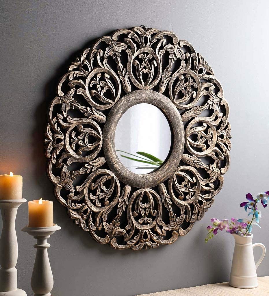 Handcrafted Wooden Wall Mirror for Home Décor (75 cm x 2 cm x 75 cm, Gold)