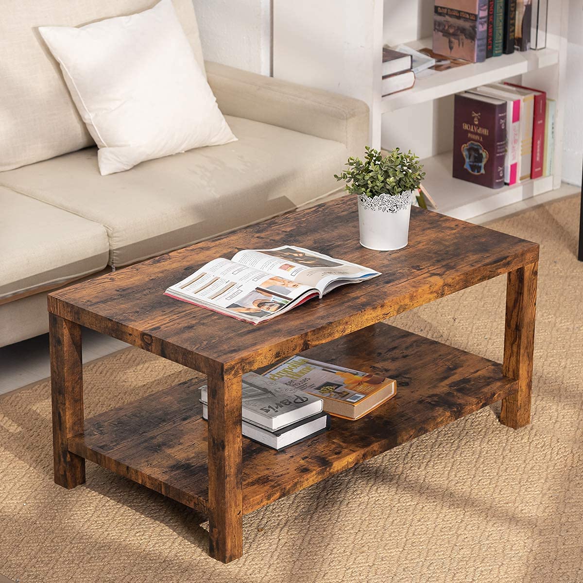 Rustic Farmhouse Coffee Table, Living Room Table with Storage Shelf, Two-Tier Coffee Table for Living Room