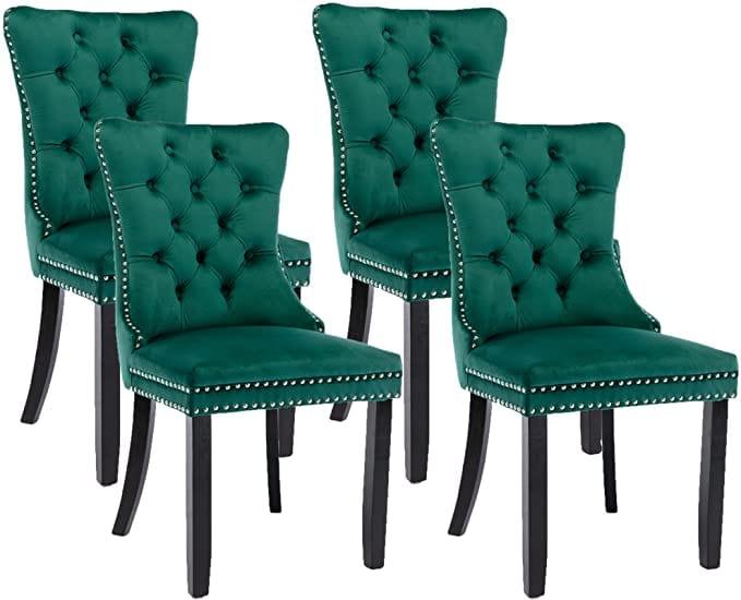 Velvet Upholstered Dining Chairs Set of 4, High-end Tufted Wingback Dining Side Chair with Nailhead Back Ring Pull Trim Solid Wood Legs, Contemporary