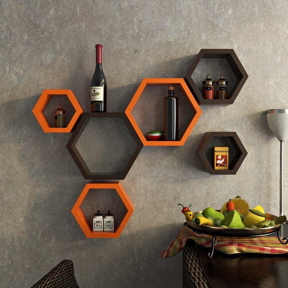 Fancy 6 Pcs Hexagonal Wooden Wall Shelf Home decoration