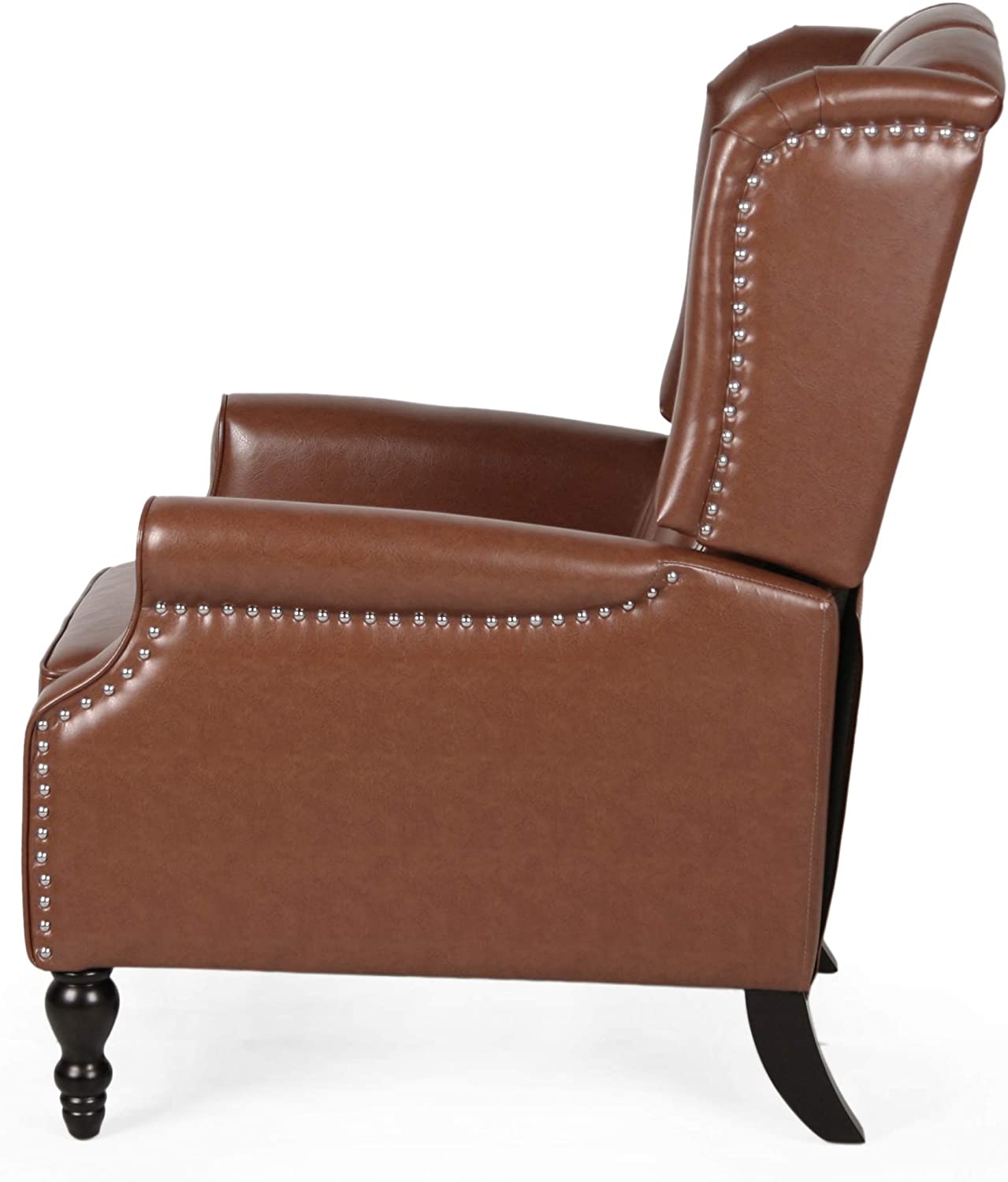 Contemporary Wide Tufted Recyliner Wooden Chair , Cognac Brown, Dark Brown