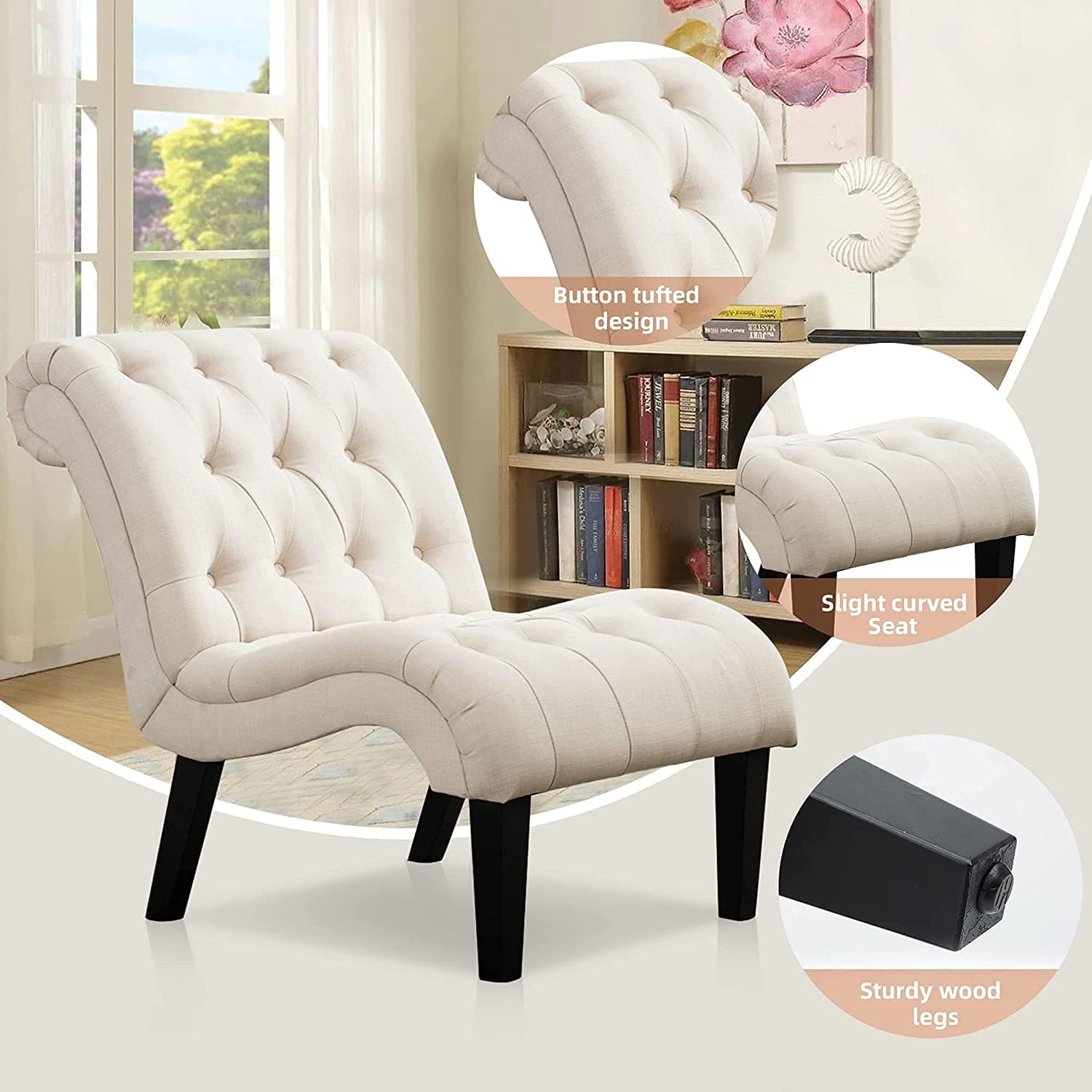Upholstered Accent Chair for Bedroom Living Room Chairs Lounge Chair with Wood Legs Cream Fabric