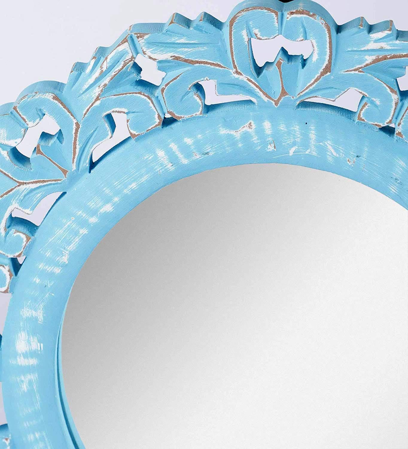 Wood Hand Crafted Round Shape Vanity Wall Mount Mirror Glass-Blue, 35X 35 X 1.5 cm, Framed