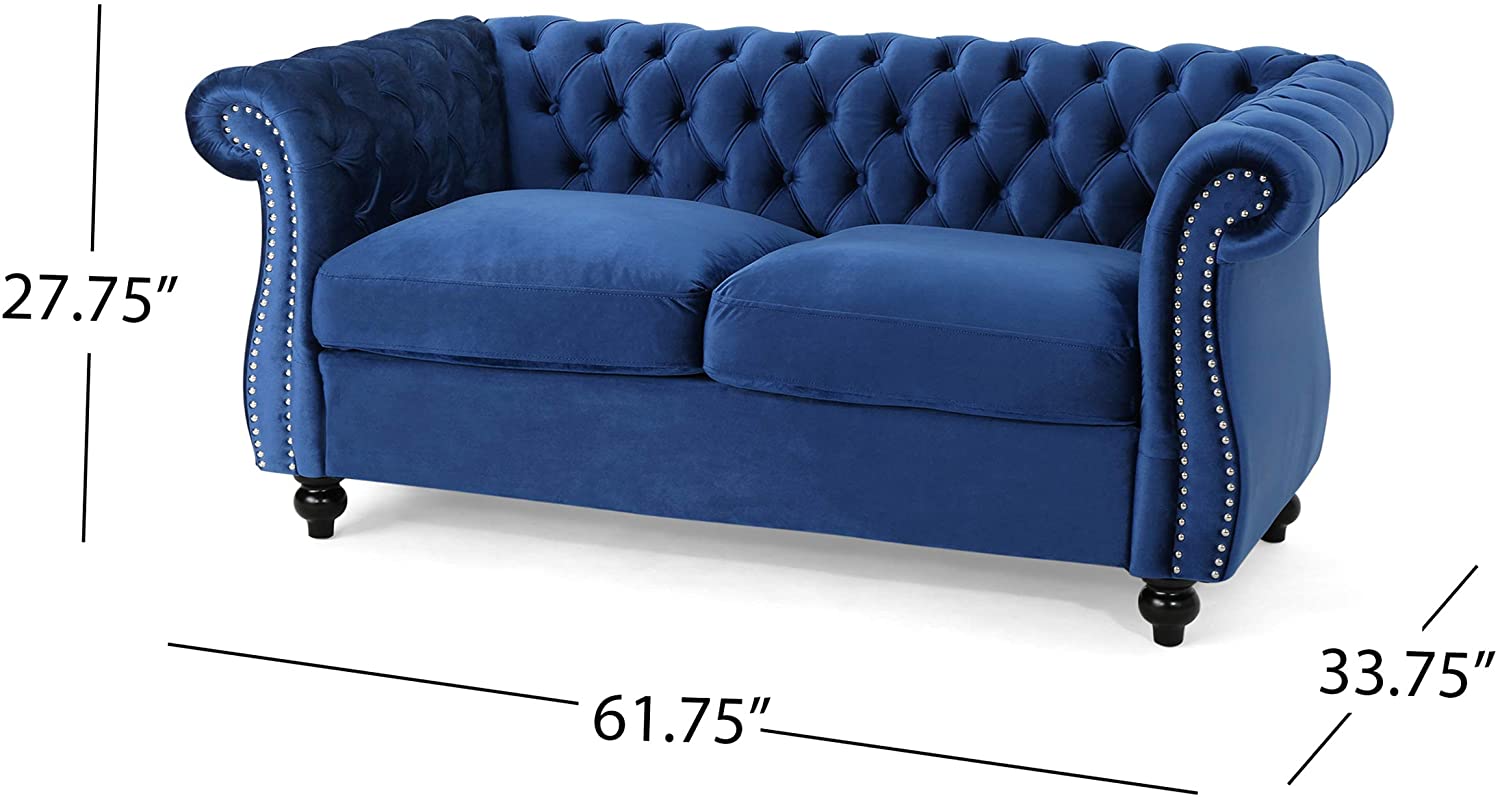 Karen Traditional Chesterfield Loveseat Sofa, Navy Blue and Dark Brown, 61.75 x 33.75 x 27.75
