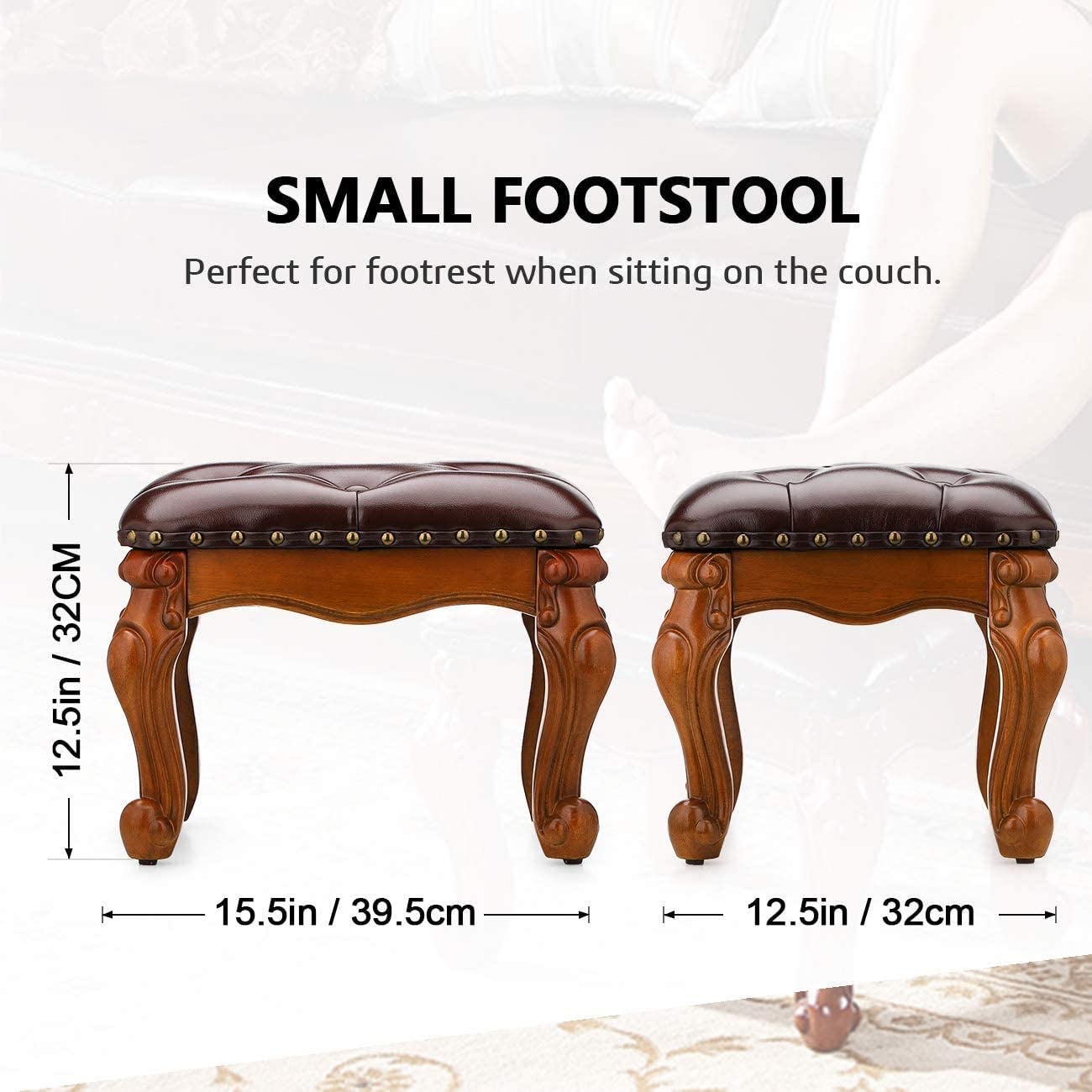 Small  Footstool Ottoman Upholstered Footstool, Solid Rubber Wood/Living Room Stool. (Brown)