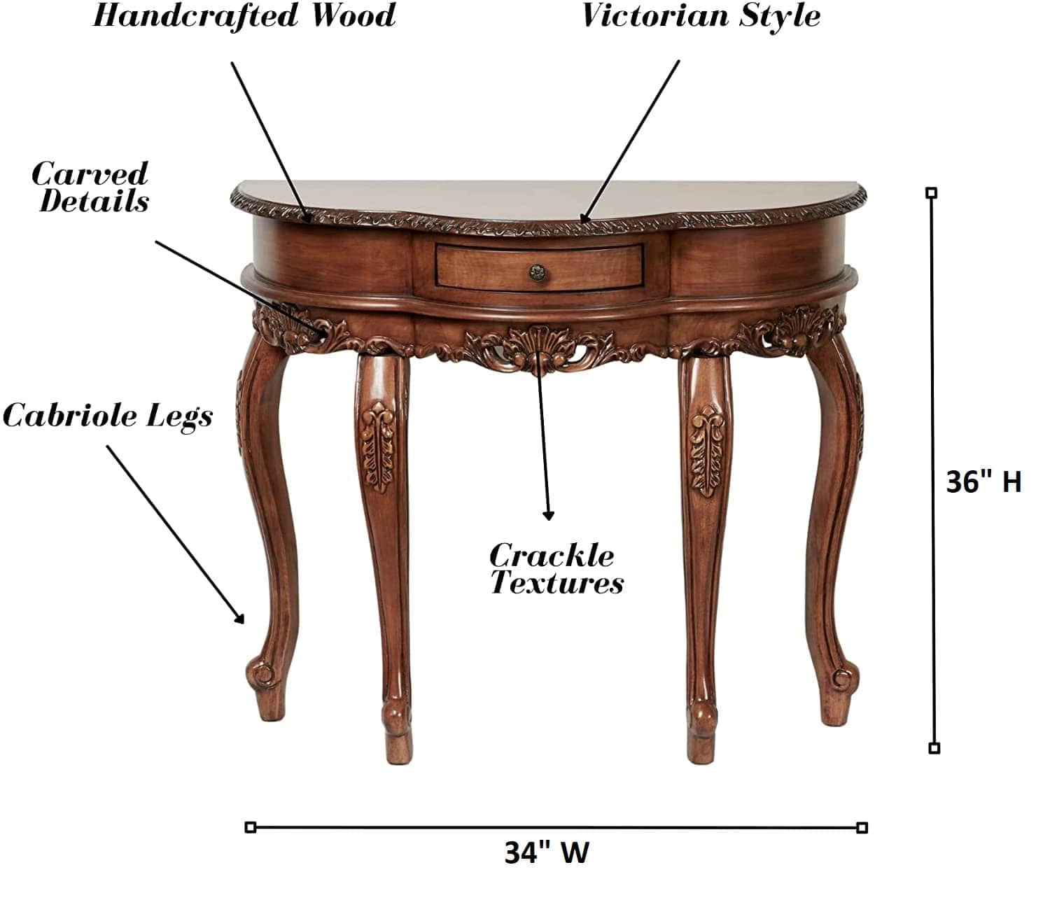 Natural Cherry Classic Wooden Console Table -Victorian Style - Decorative Regal Furniture - Half Circle Moon Shape