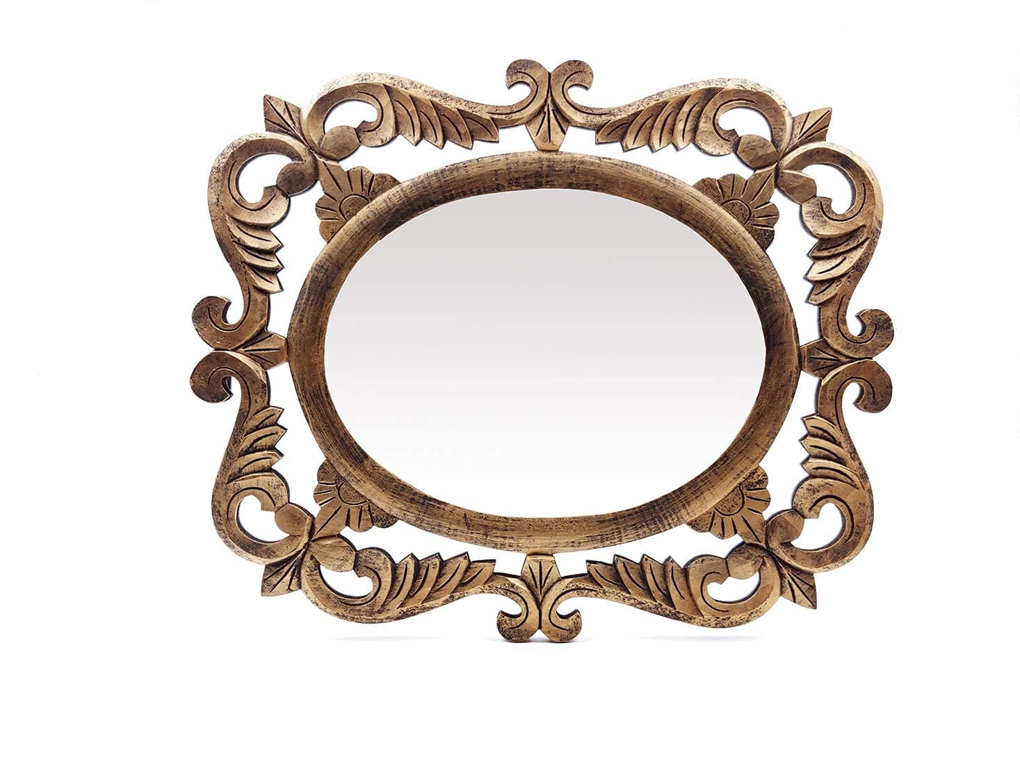 Handcrafted Wooden Wall Mirror for Home Décor (50 cm x 2 cm x 60 cm, Gold)