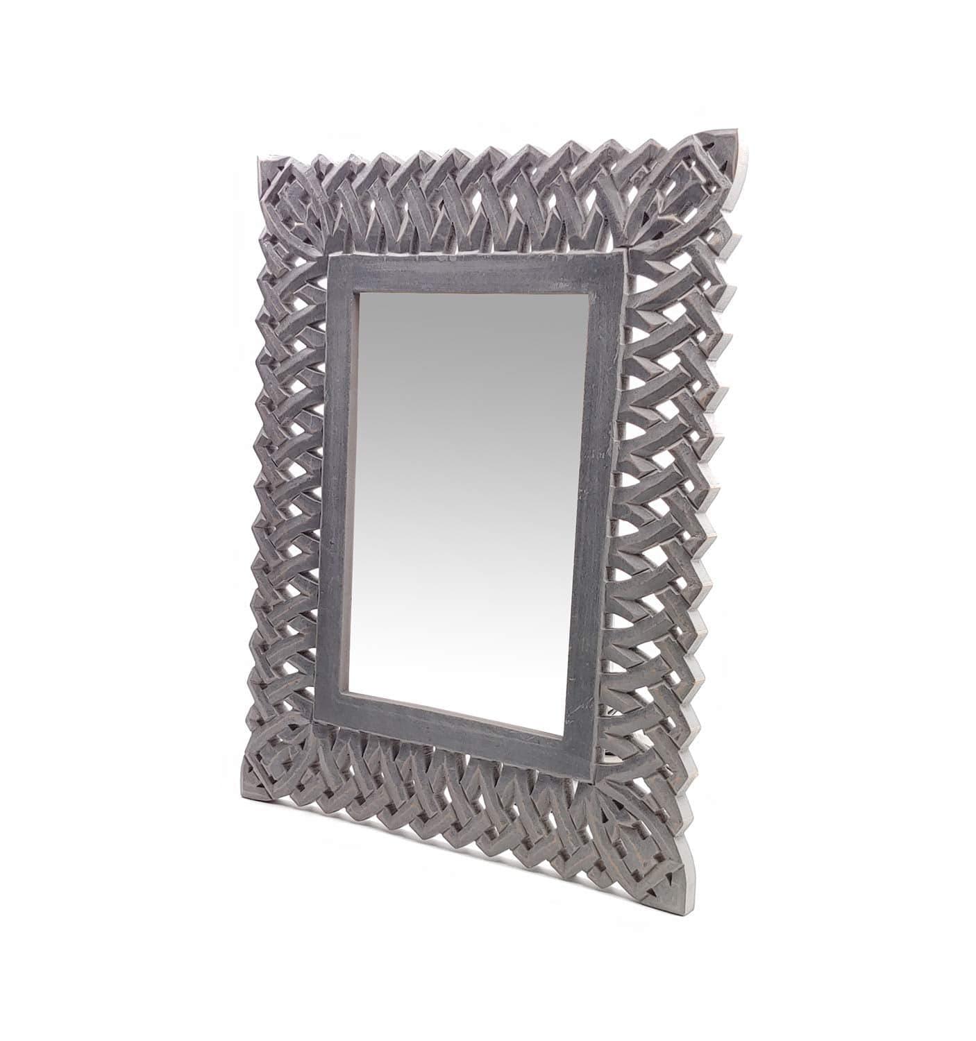 Decorative Hand Crafted Engineered Wooden Wall Mount Mirror Frame in Distressed Grey Finish - 20x16 Inch - Ouch Cart 