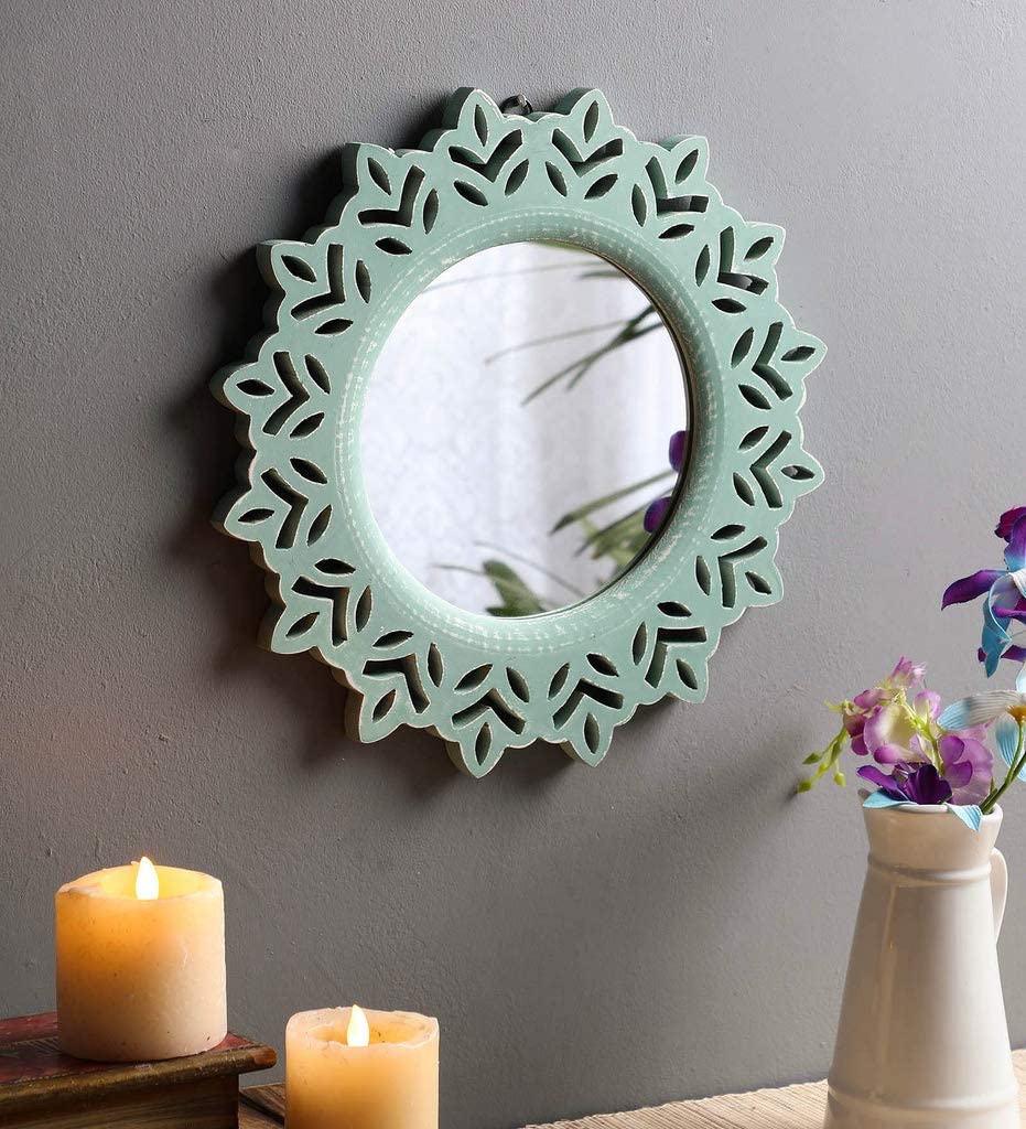 Handcrafted Wood Wall Mirror (35 cm x 2 cm x 35 cm, Green)